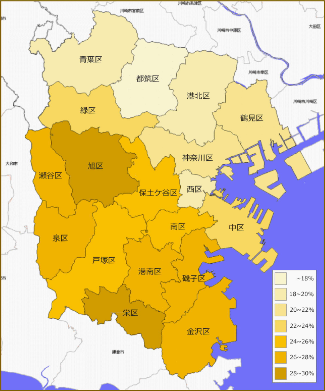 横浜市 18区の老齢人口比による色別