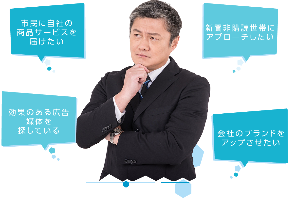 横浜市民に自社の商品サービスを届けたい
        新聞非購読世帯にアプローチしたい
        効果のある広告媒体を探している
            会社のブランドをアップさせたい
